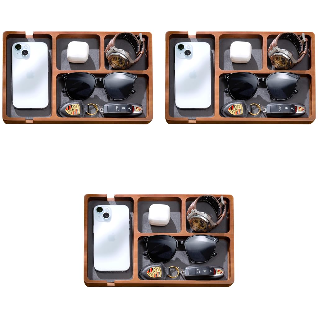 Climberty Valet Tray Organizer for Desk and Nightstand with Cable Notches & PU Lining | 3PCS Wooden Catchall for Keys Wallet and Phone