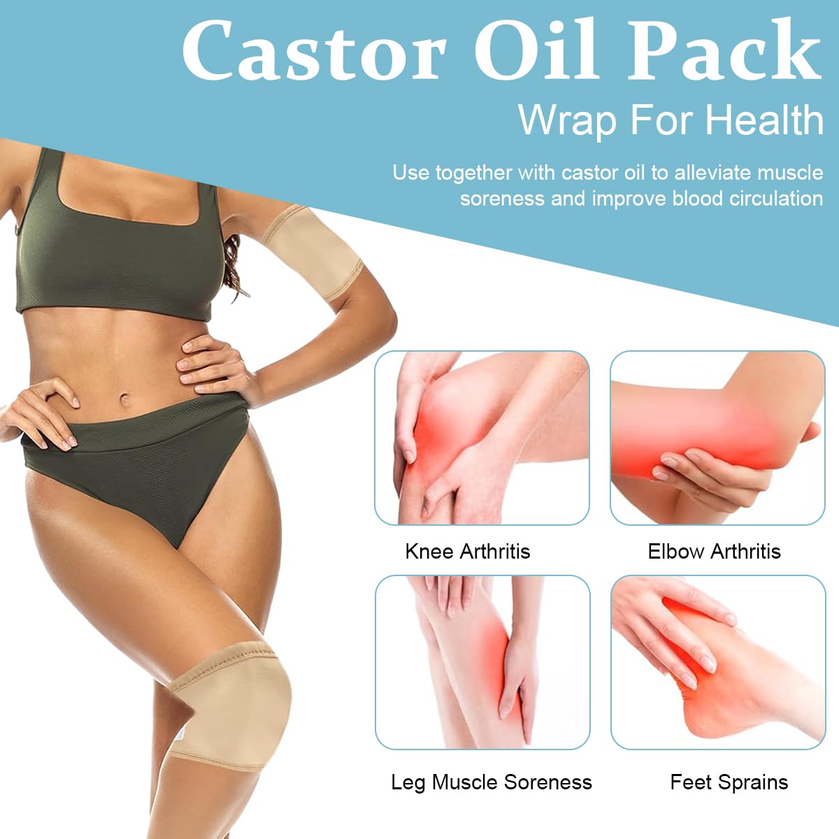 MAYCREATE Castor Oil Pack Wrap for Knee with Adjustable Elastic Strap | 6PCS Reusable Cotton Pads