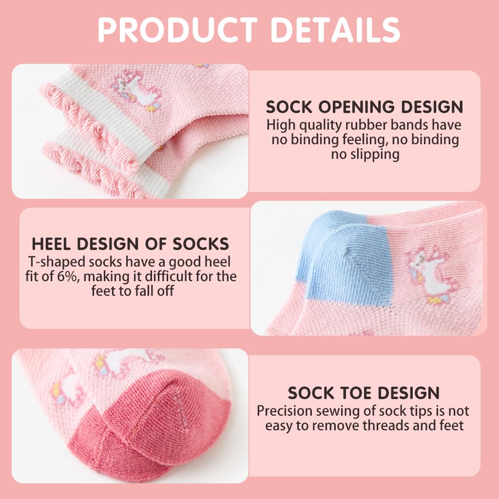 PALAY Kids Socks for Girls featuring 5 Pairs Breathable Cotton Mesh | Unicorn Cartoon Design