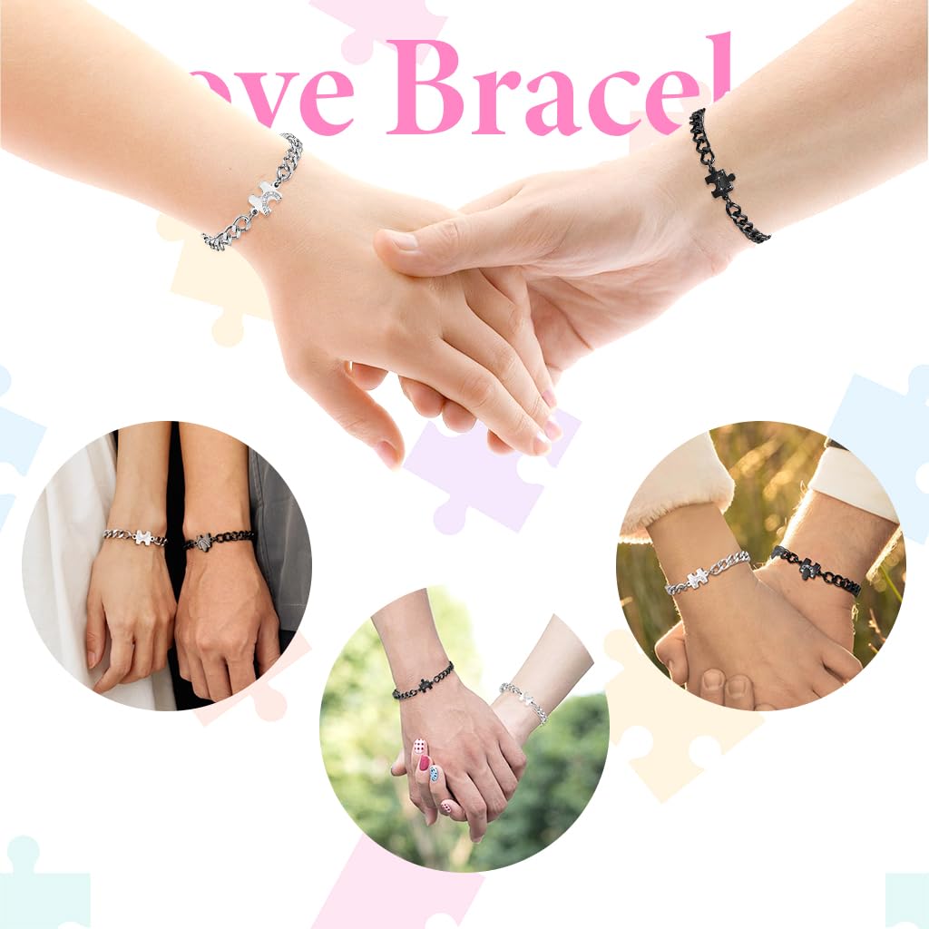 SANNIDHI Couple Bracelets for Anniversary Gift with Heart Puzzle Charm in Silver and Black