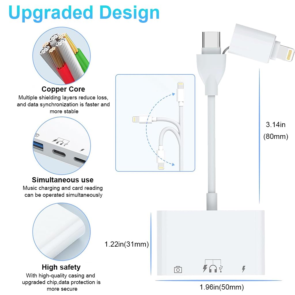 ZORBES® USB Hub for iPhone 5 in 1 USB 3.0 Hub USB C Hub with Light-ning Converter USB C Hub USB C to USB C Light-ning to USB C Multifunction Card Reader Support PD60W Fast Charging