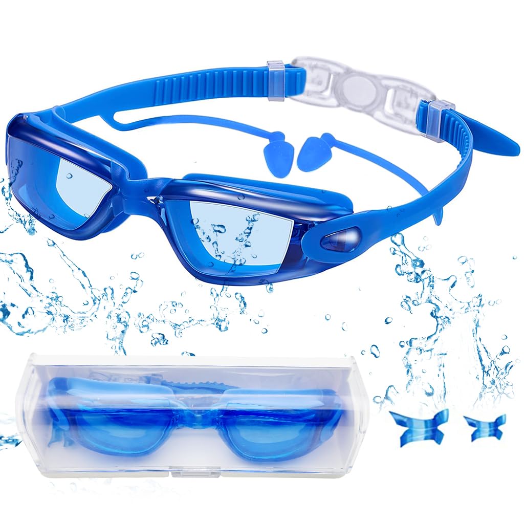 Optifit® Swimming Goggles, Swim Goggles attached Ear Plugs for Adult Men Women And Kids 8+, No Leaking, Anti Fog, UV Protection, Easy to Adjust Push-Button Straps, Free Storage Case (Blue)