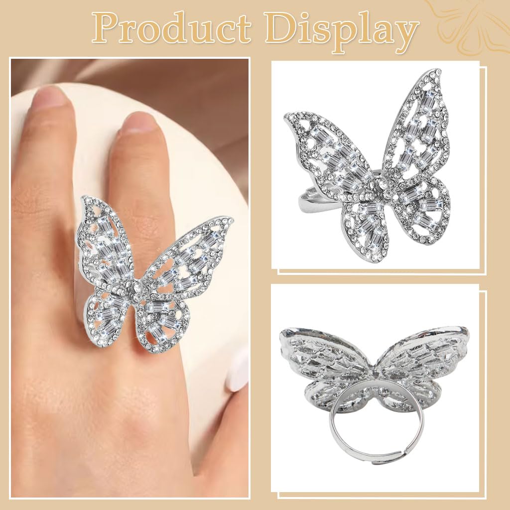 Zibuyu Butterfly Diamond Ring for Women with Crystal Bow and Adjustable Cubic Zirconia Band