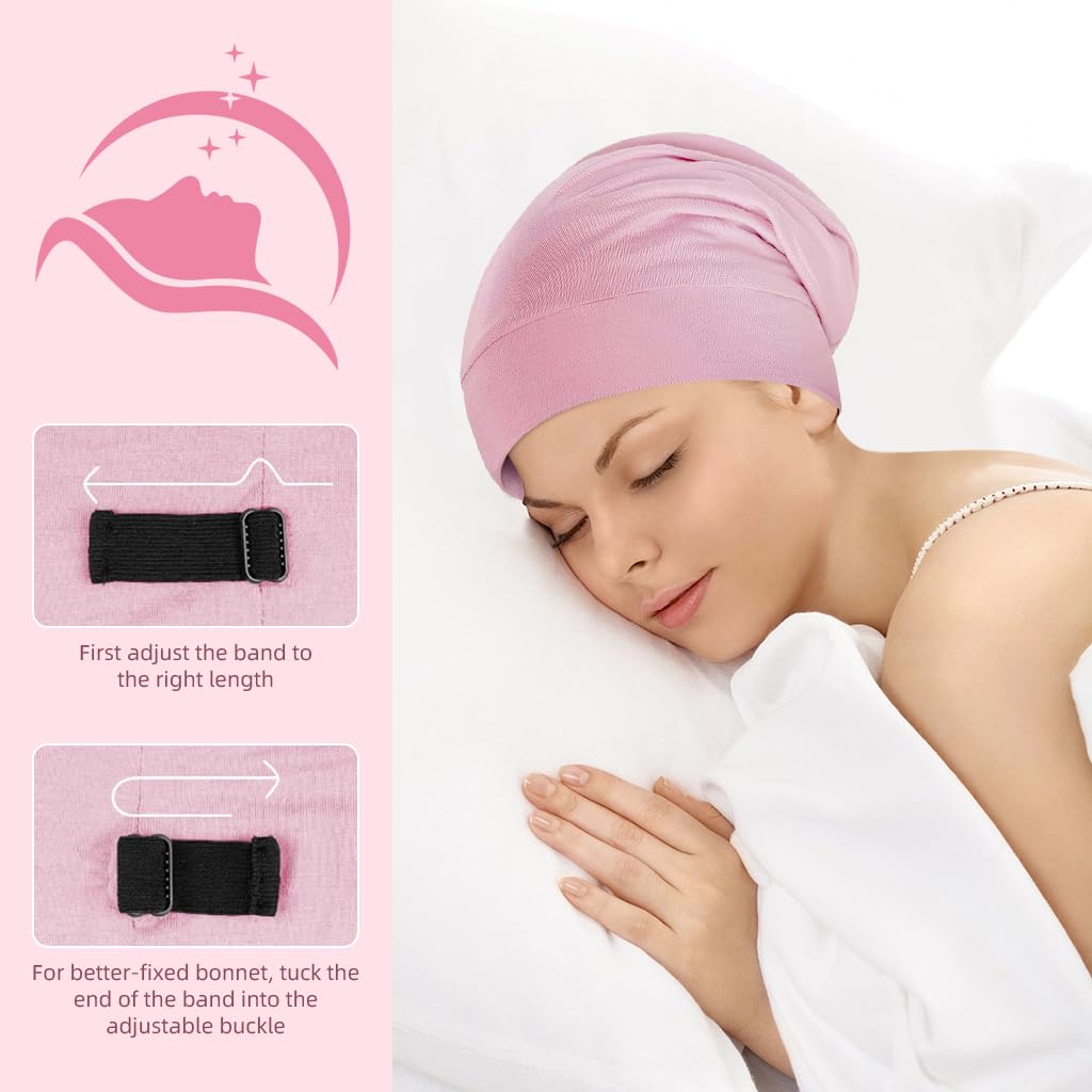 MAYCREATE Silk Bonnet for Hair featuring Adjustable Strap and Elastic Brim | Pink Satin Cap for Sleeping