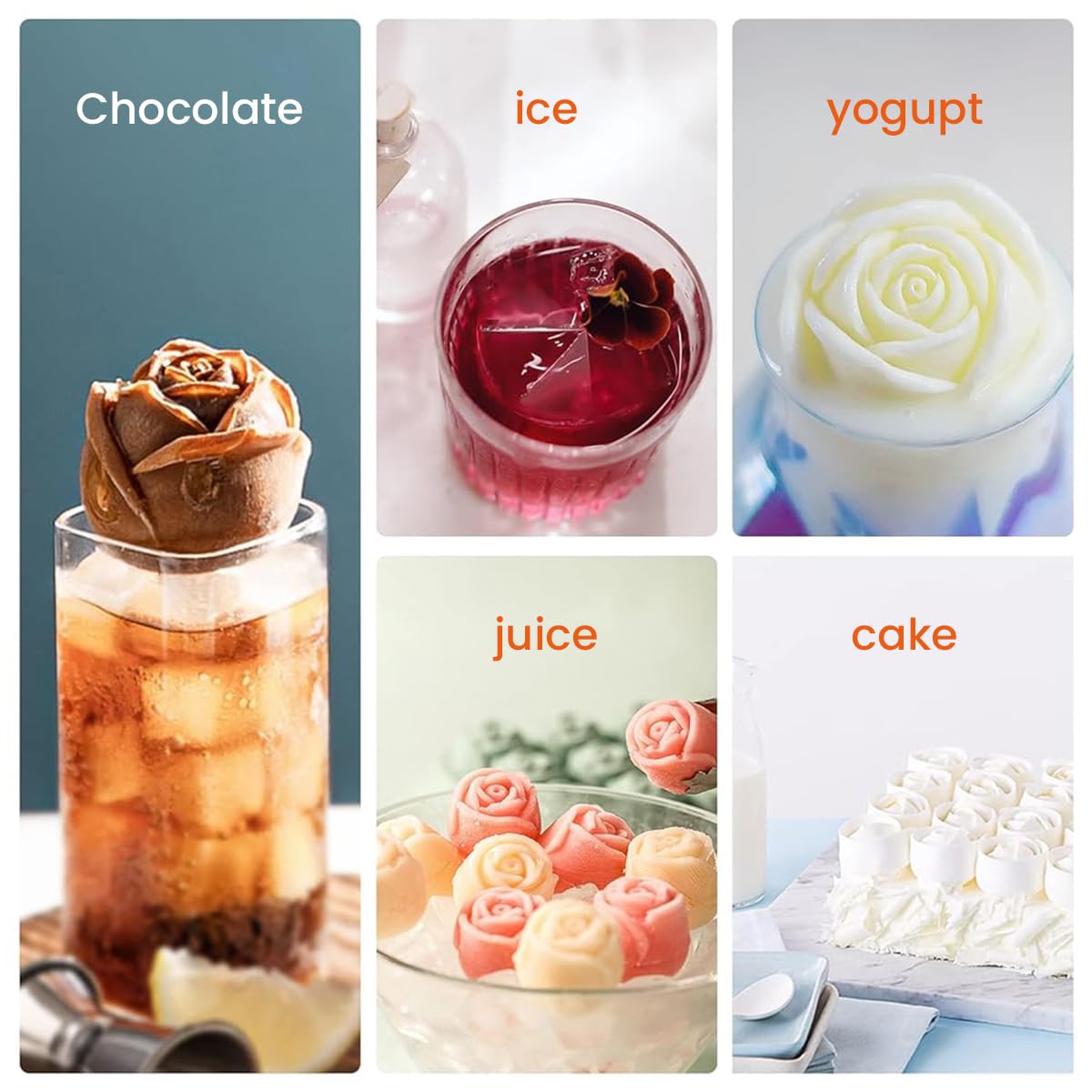 HASTHIP Silicone Ice Cube Trays for Cocktails and Whiskey with 2 in Rose and Diamond Molds | Easy Release Food Grade Design