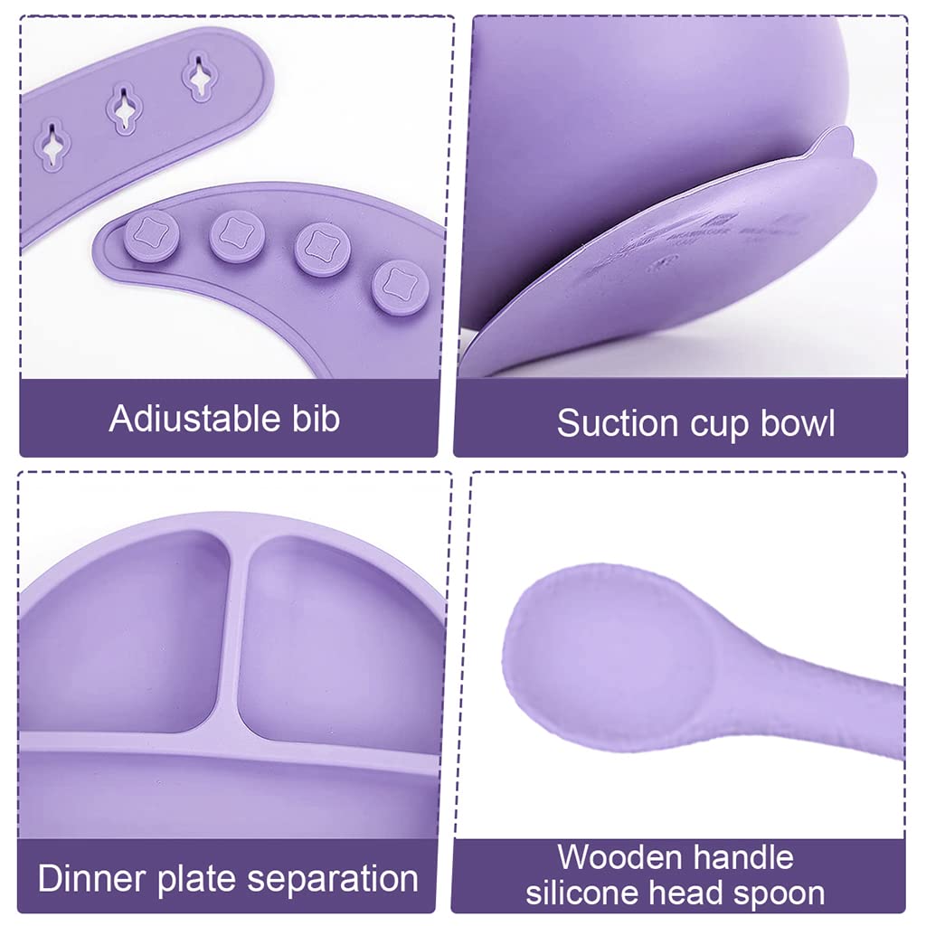 SNOWIE SOFT® 5pcs Silicone Tableware Kit for Baby Foodgrade Silicone Tableware Kit Baby Plate & Bowl with Sucker,Cup,Spoon,Bib Food Grade Silicone BPA-Free Dishwasher & Microwave Safe Baby Product