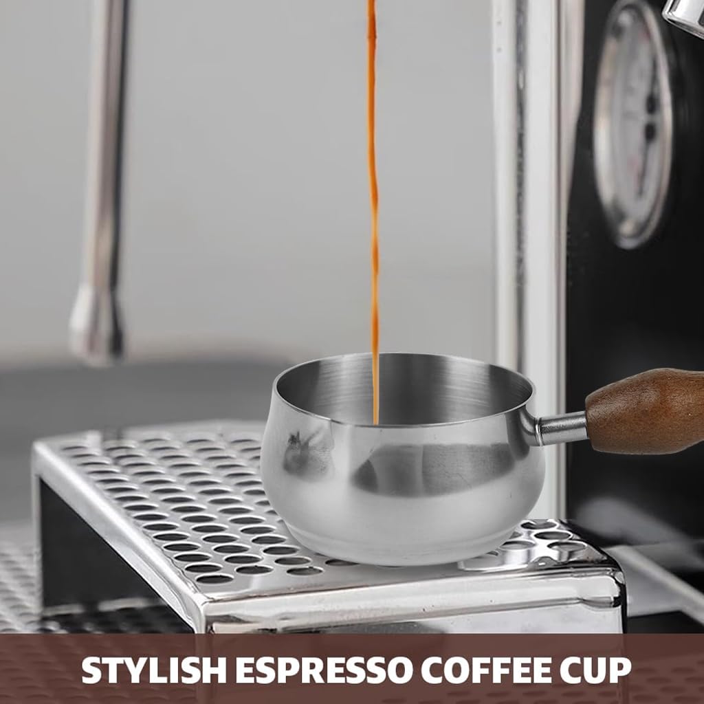 Supvox Espresso Shot Pitcher for Barista with 60ml Capacity featuring V Shape Spout and Wooden Handle