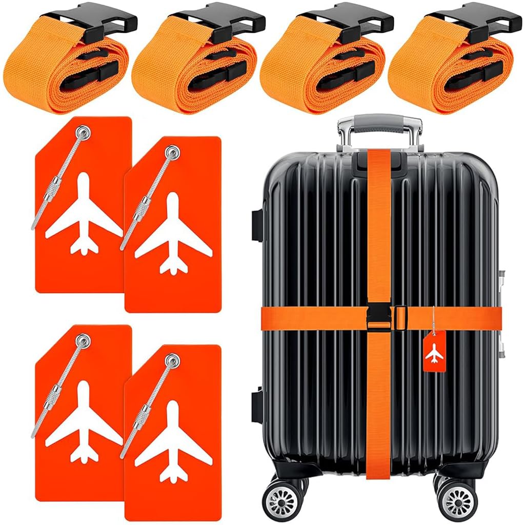 PALAY® Set of 8pcs Luggage Straps & Suitcase Tags Set, Adjustable Suitcase Belt Quick Relese Suitcase Belts and PVC Luggage Tags with Metal Loop Orange Safety Luggage Straps