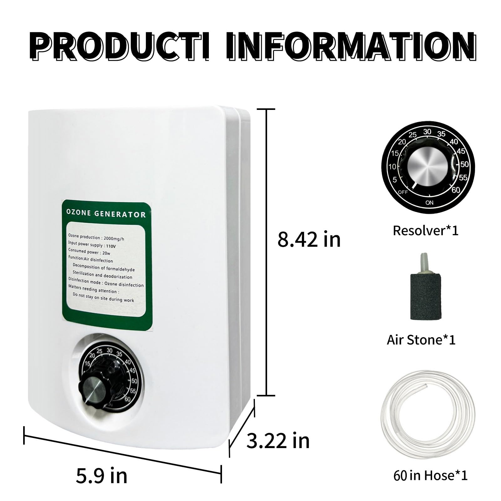 HASTHIP Ozone Generator for Water Purification with Tube and Air Stone 2000mg/h | Eliminates Odors and Bacteria