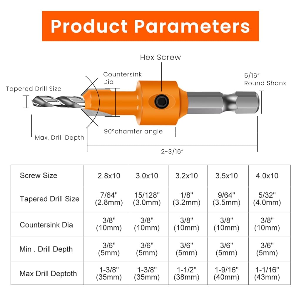 Serplex® 10Pcs Wood Countersink Drill Bit Set, 5Pcs Countersink Drill Bit with 5Pcs Extra Pilot Drill Bit, Tapered Drill Bits with 5/16" Round Shank, Counter Sinker Drill Bit Set for Woodworking