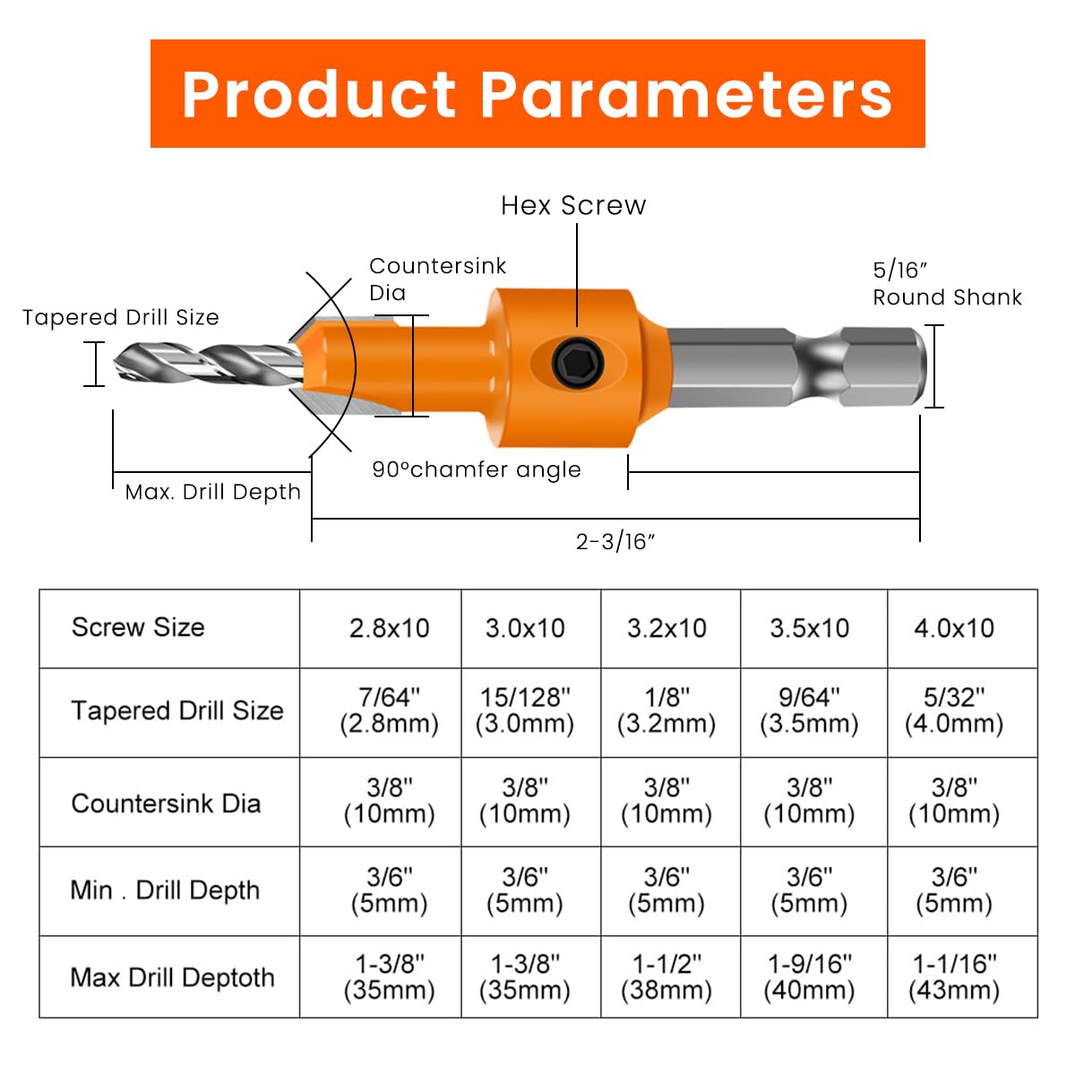 Serplex® 11Pcs Woodworking Countersink Drill Bit Set, 5 Size Carbon Steel Bits, 6 Extra Pilot Bits, 8mm Shank, Versatile Drilling in Wood, Plastic- DIY Tool Kit