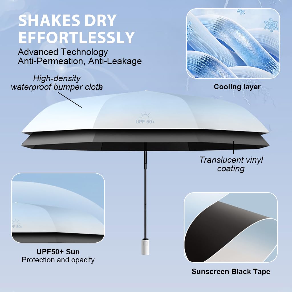 Venzina Sun Umbrella for Travel and Outdoor Use with UPF 50+ Protection | Automatic One Touch Design and Fiberglass Ribs in Gradient Light Blue