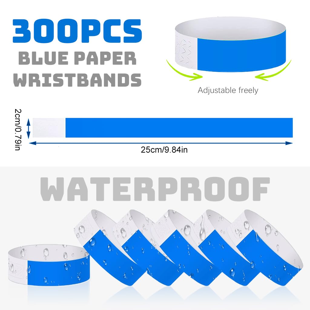 HASTHIP Paper Wristbands for Events with Self Adhesive Closure and 300 Count Blue Set | Waterproof 25cm Bands for Concerts and Parties
