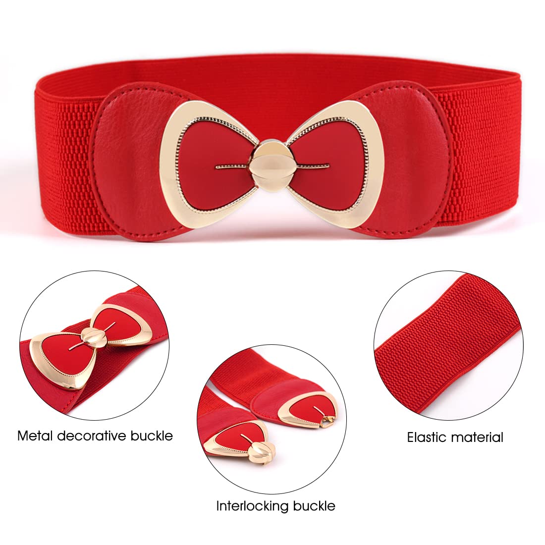 Zibuyu Waist Belt for Dresses with 2.3 in Width and Interlocking Bowknot Buckle | Red Elastic Style