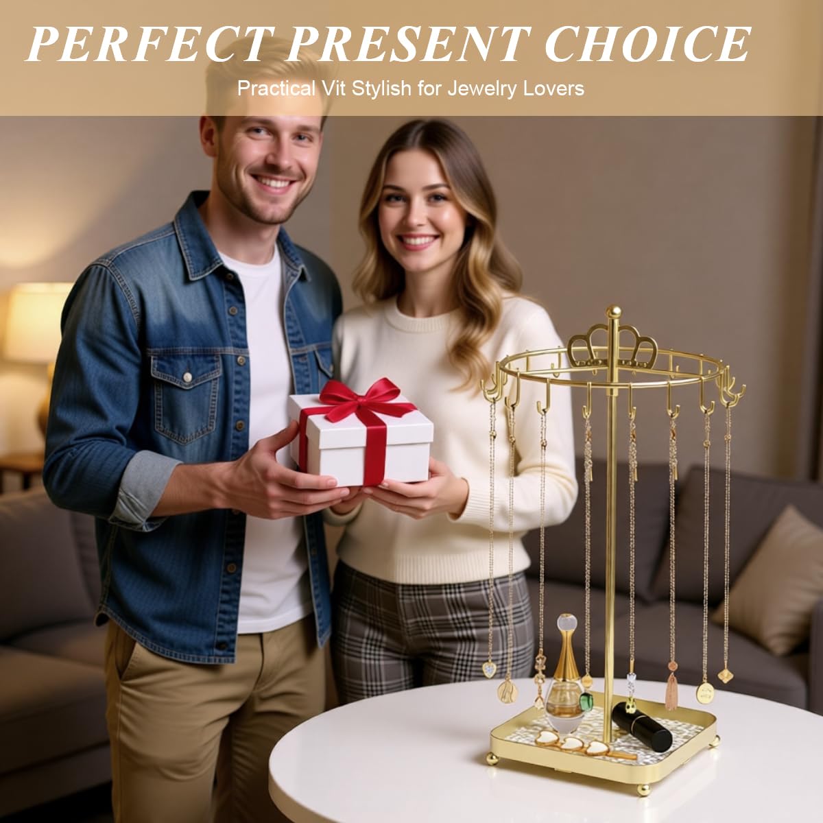 MAYCREATE Rotating Metal Necklace Holder Organizer with Acrylic Tray and 18 Hooks | Space-Saving Jewelry Display Stand