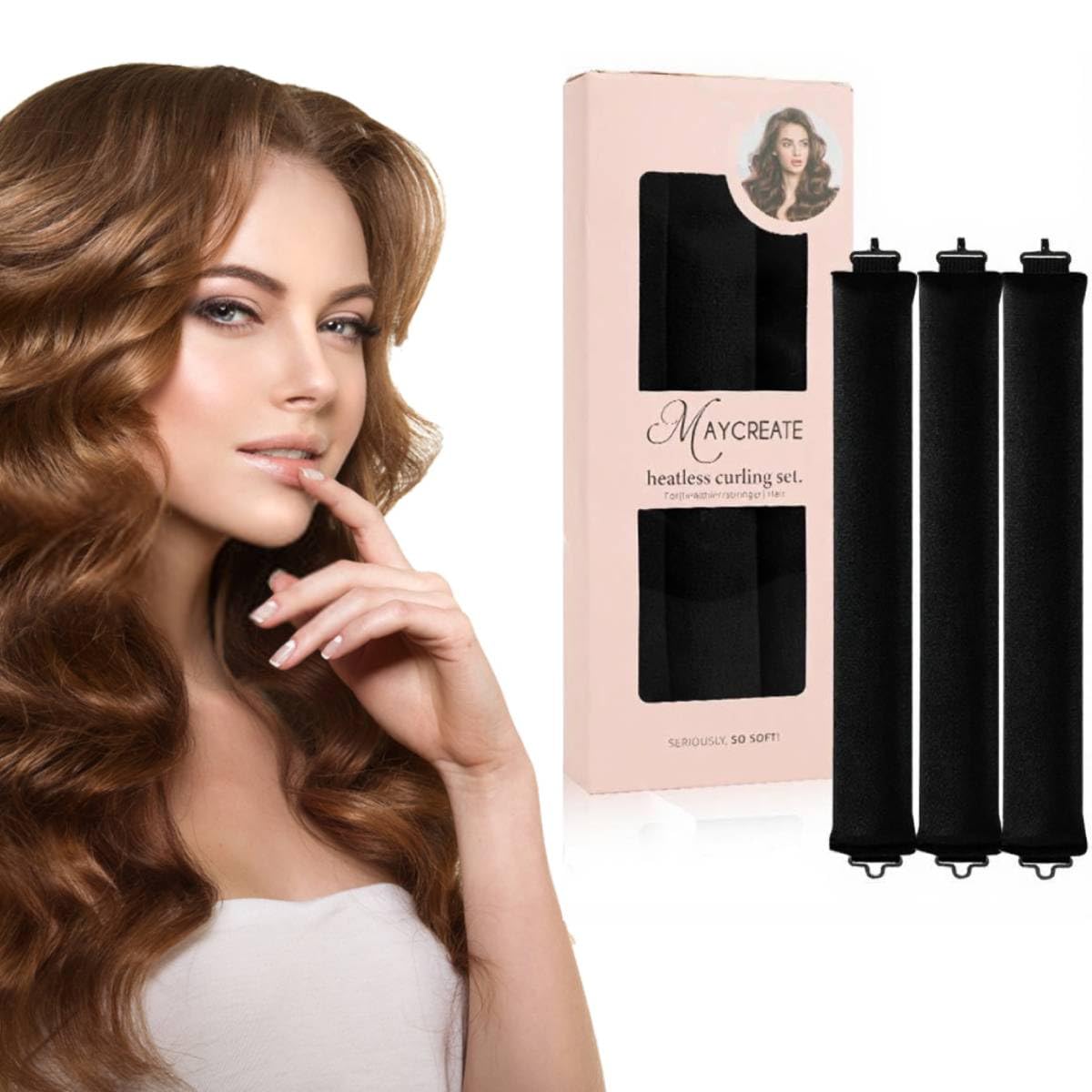 MAYCREATE Heatless Hair Curler for Overnight Curls with Flexible Rod and Hook | Black Satin Rollers