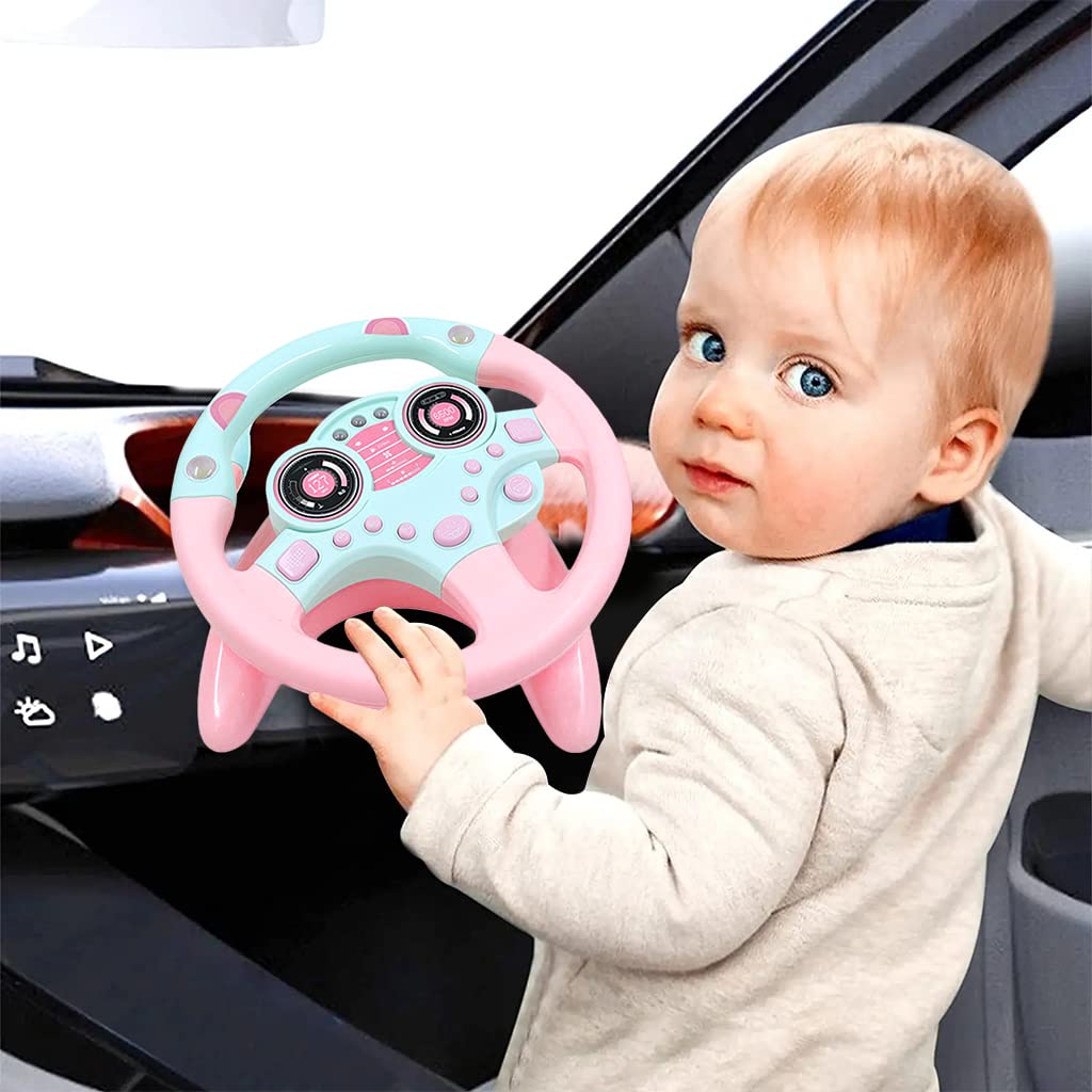 PATPAT  Steering Wheel Toy for Kids, Music Driving Simulation Racing Play Learning Educational Toys for Baby Girls Boys 1-3 Years Old, Music Toy for Baby Steering Wheel Mountable on Crib (Pink)