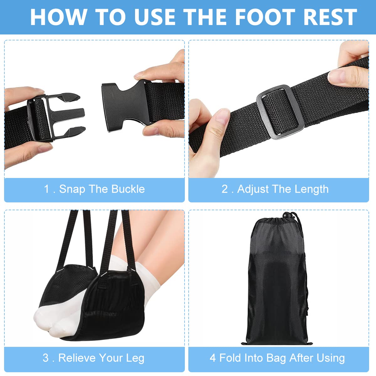 HASTHIP Airplane Footrest for Travel Comfort with Adjustable Straps and Storage Bag Black 2PCS