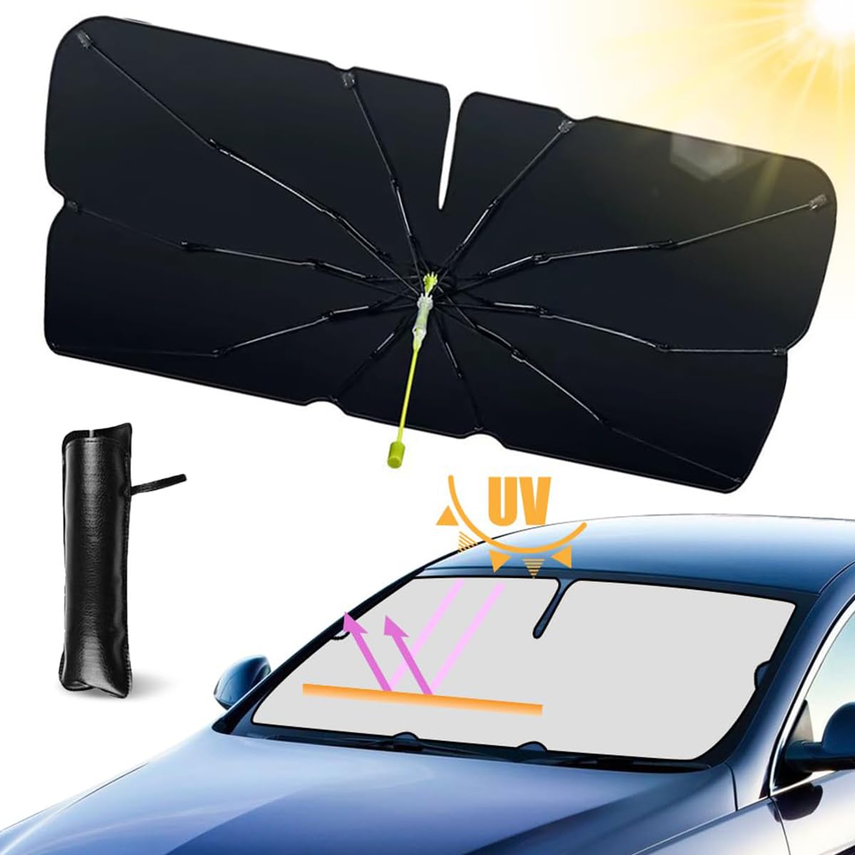 STHIRA® Car Windshield Sun Shade UPF 50+ UV Protection 2 in 1 Car Umbrella with Glass Hammer Rearview Mirror Friendly Car Sun Shade Protector Quick Install for Auto Sedan, SUV, 145x75cm Car Sunshade