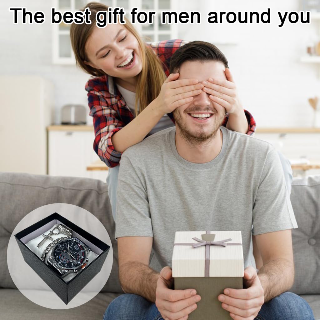 Proberos Watch Bracelet Set for Men with Cross Pendant and Cuban Chain | Alloy Steel Jewelry