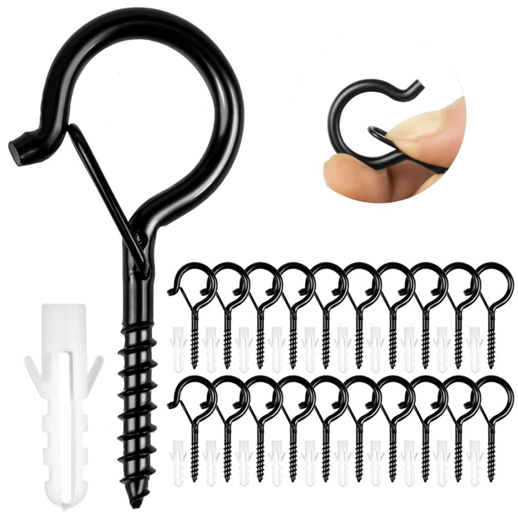 HASTHIP® Plastic 20Pcs Screw Wall Hooks For Outdoor String Lights, Outdoor Hooks For Light Eye Hooks Screw-In Cup Hooks Ceiling Hooks With Safety Buckles, Hanging Hooks For Plants Pot (Black)