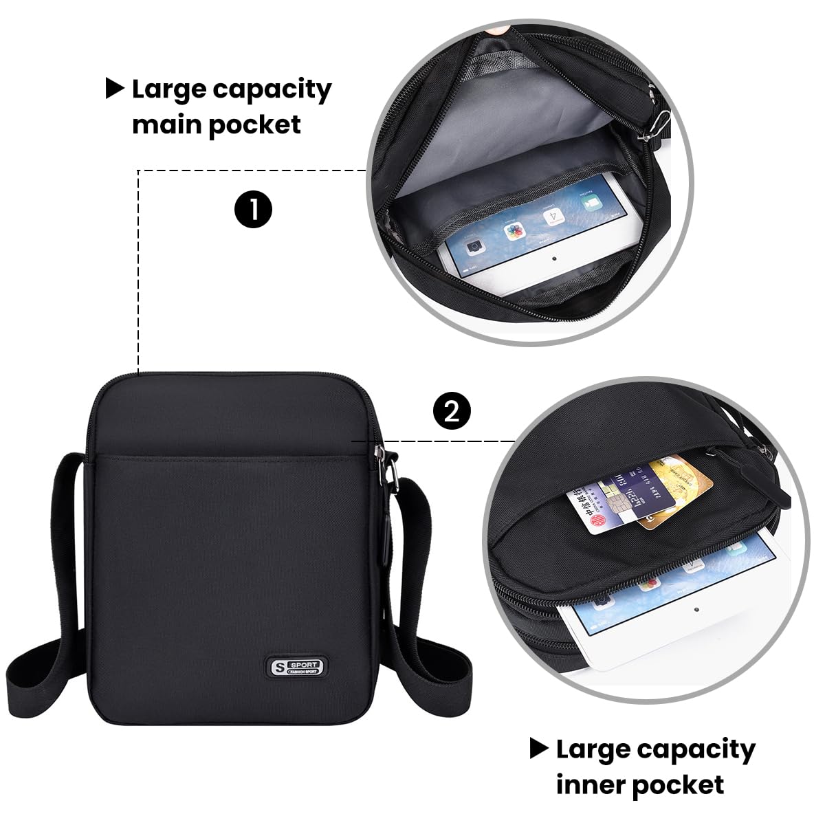 GUSTAVE Sling Bag for Men with Multi Compartments and Waterproof Oxford Cloth 20x7.5x24cm | Classic Black Crossbody for Daily Essentials