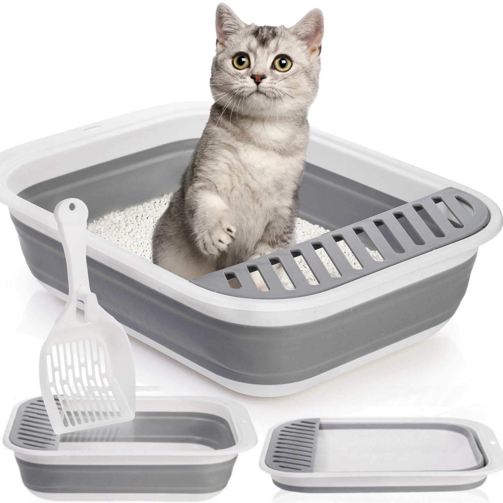 Qpets® Collapsible Cat Litter Box Large Size, Portable Travel Litter Tray with Scoop & High Sides, Space Saving Anti-Splash Anti-Tip Over Guar for Adult Cats & Kittens