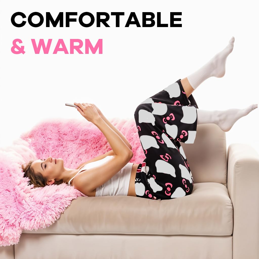 SANNIDHI Anime Pajama Pants for Women featuring Cartoon Cat Kawaii Print Flannel | 2XL Black