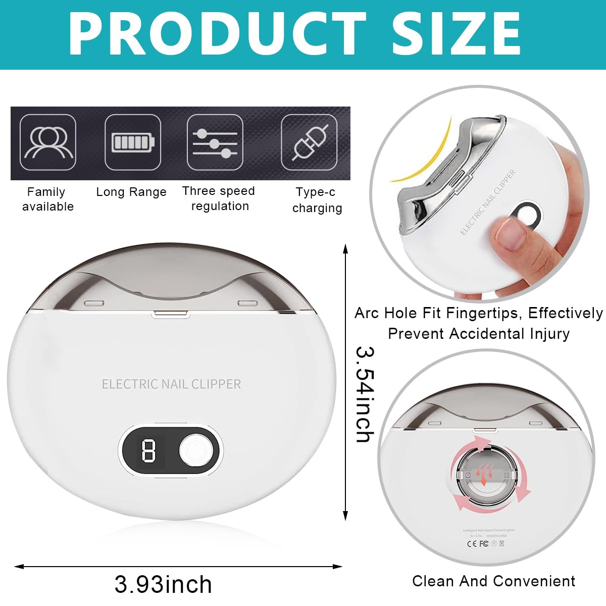 Venzina Electric Nail Trimmer with 3 Speeds and UV Light for Safe Family Nail Care | USB Rechargeable