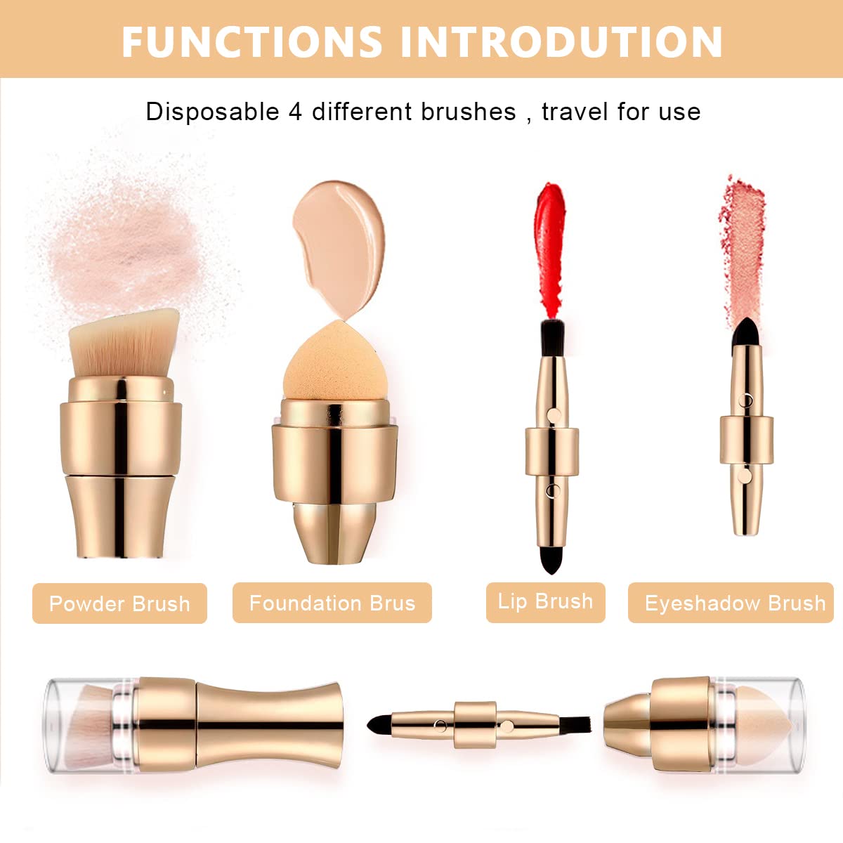 MAYCREATE® Makeup Brush Set, Travel 4 in 1 Brush Sets in Makeup, Portable Mini Cosmetic Make Up Brushes Kit Includes Foundation Brush, Face Brush, Lip Brush & Concealer Brush Gold