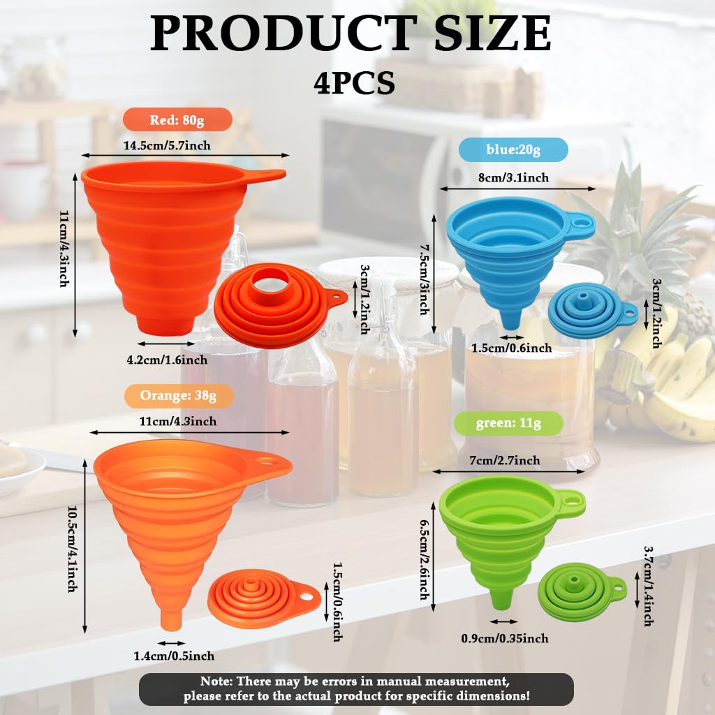 ZIBUYU Collapsible Silicone Kitchen Funnel Set of 4 for Easy Liquid Transfer featuring Foldable Space Saving Design