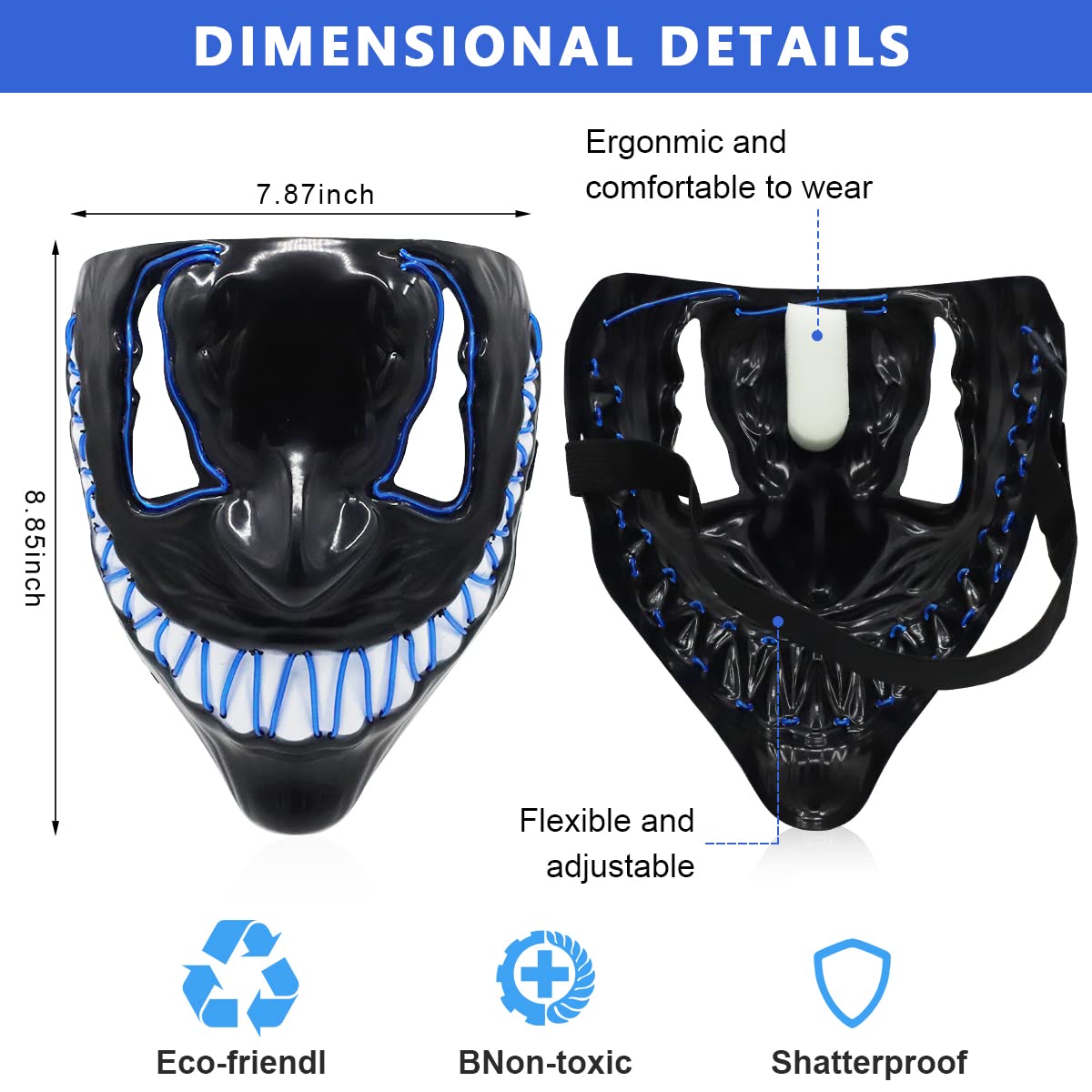 ELEPHANTBOAT LED Halloween Mask for Cosplay and Parties featuring 3 Light Modes 19×22cm | Blue Neon Glow Eyes for Adults and Kids