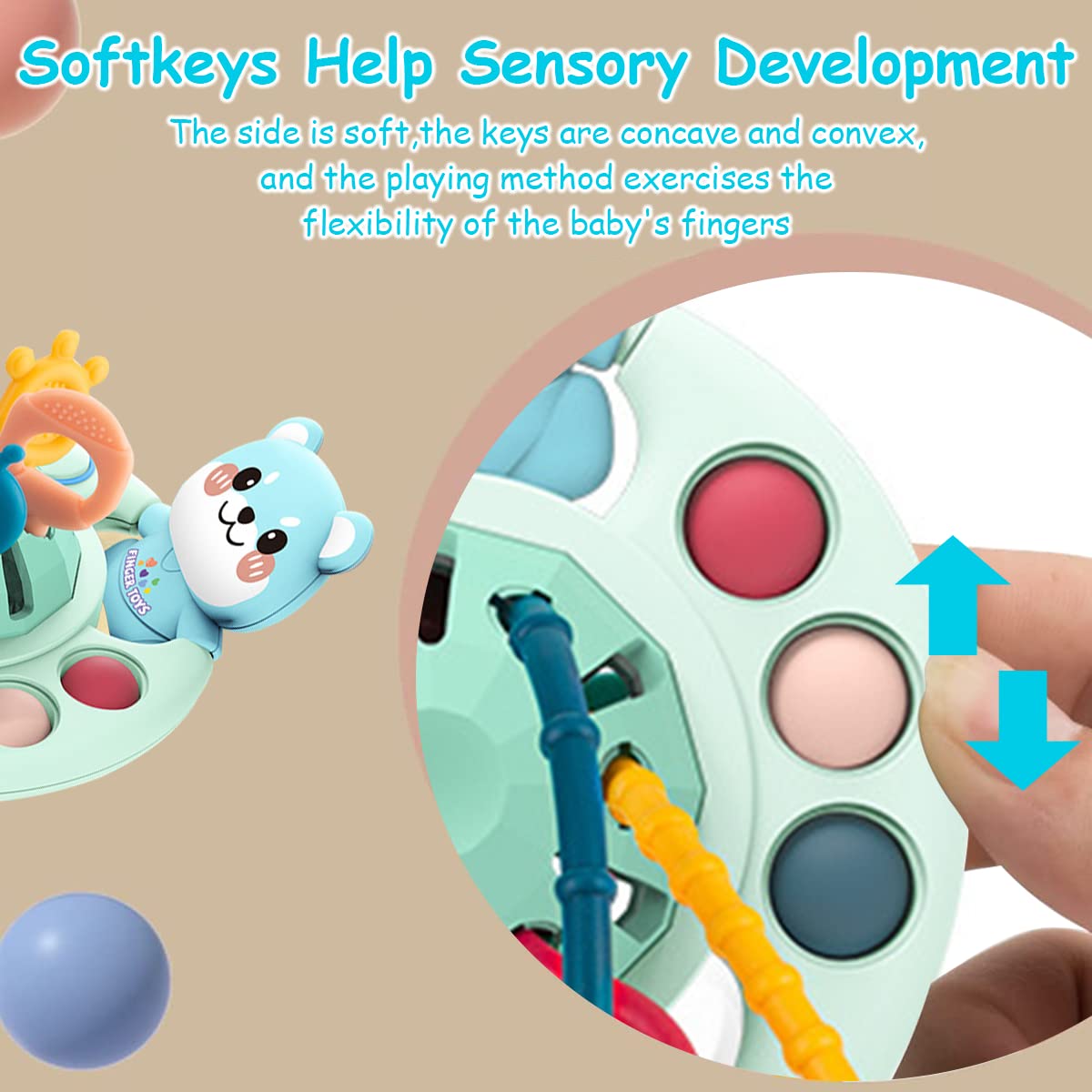 PATPAT Sensory Toys for Kids with 6 Pulling Bars and Textured Silicone | Blue Montessori Toy for Baby Development