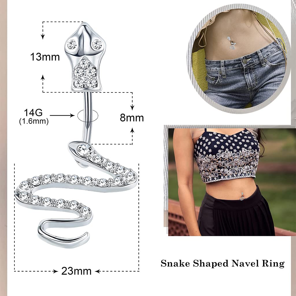 MAYCREATE Snake Belly Button Rings for Women with CZ Crystal Snake Design 14g Silver Jewelry