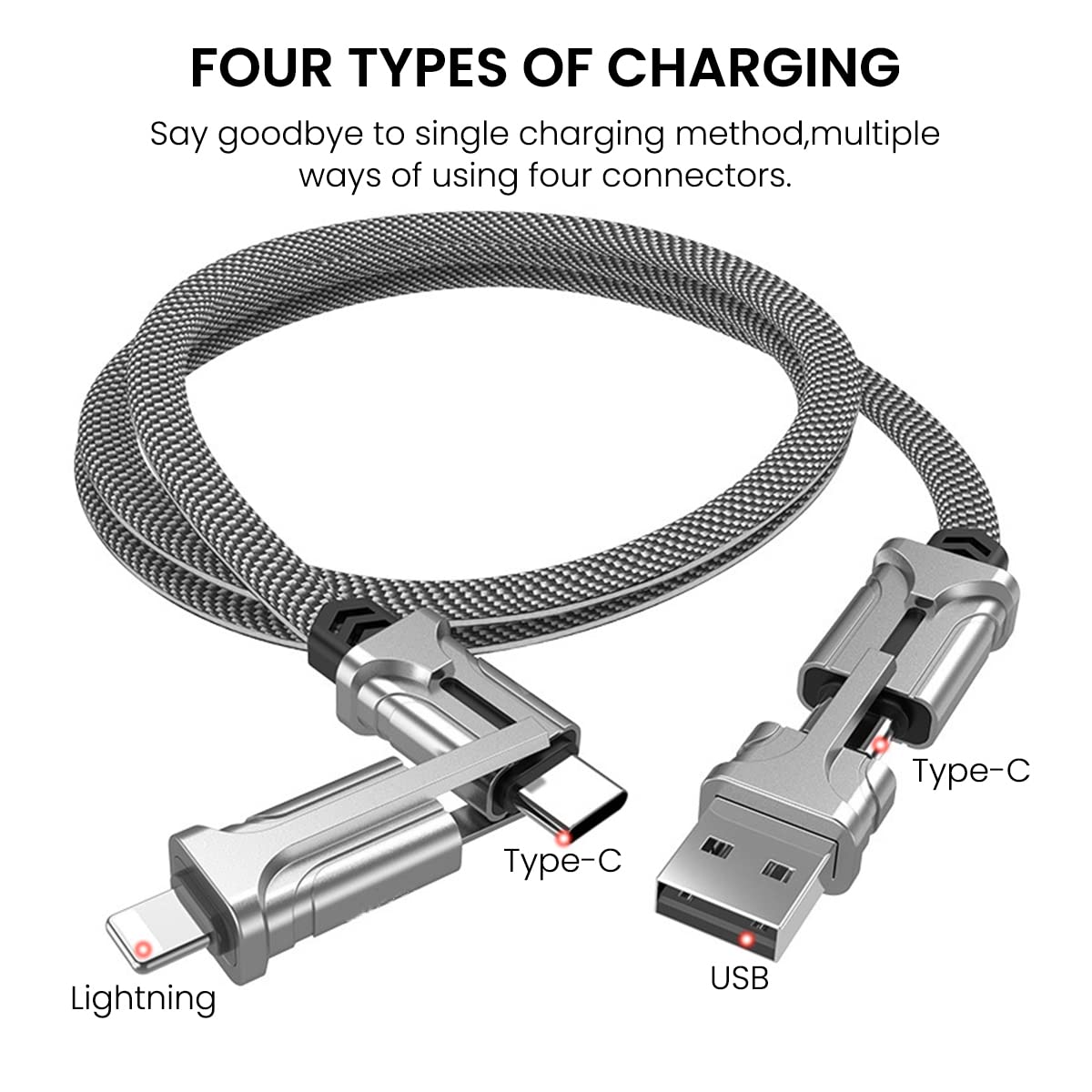 Verilux® 4 in 1 Charging Cable USB A Type C to Type C Light-ning 60W Fast Charging Cable Nylon Braided for iOS/Android Compatible with iPhone, iPad, Samsung Galaxy, Huawei, PC, HTC, OnePlus-1.2M, Grey