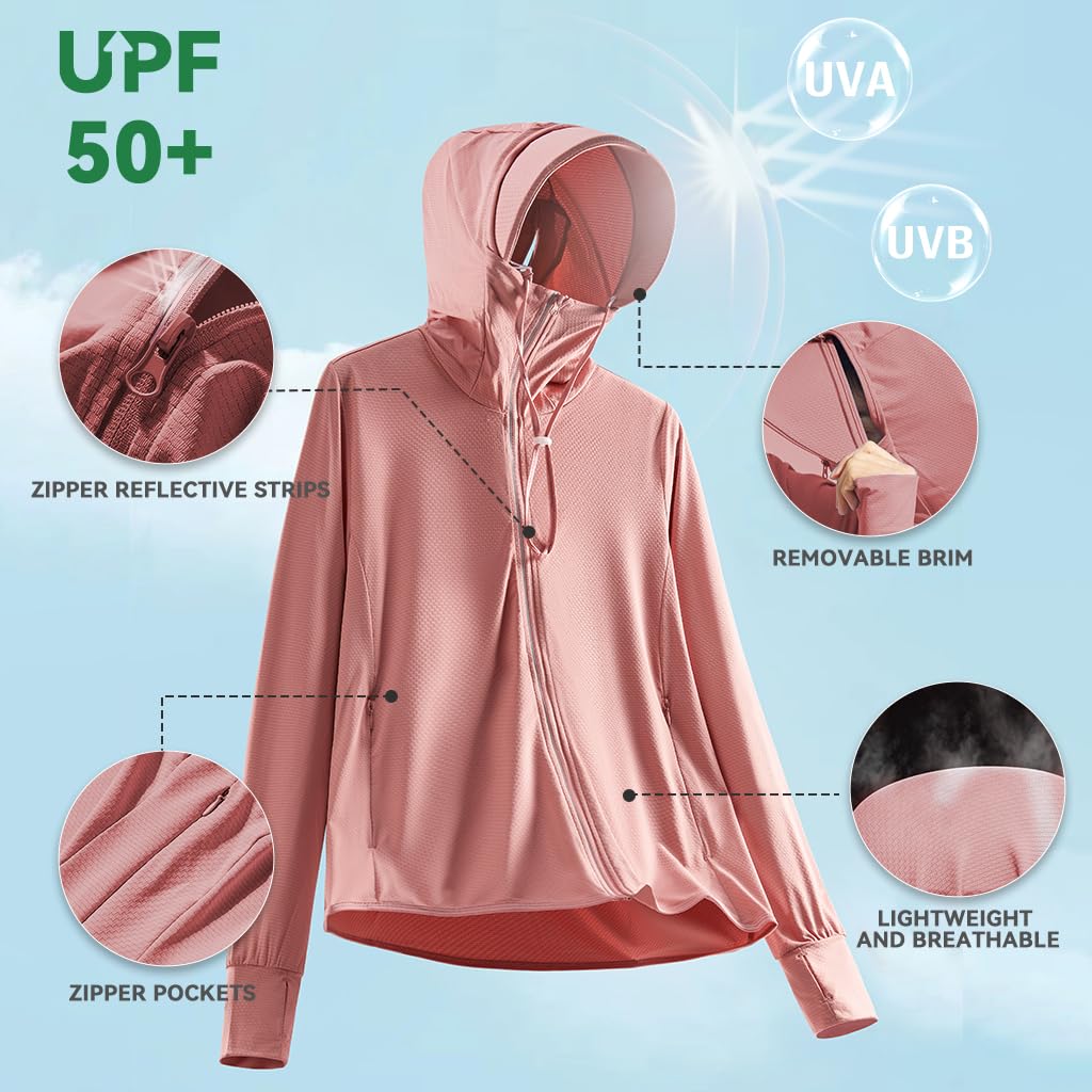 Venzina Women’s UPF 50+ Sun Protection Jacket for Hiking with Detachable Brim Hood | Lightweight Polyester Spandex Cooling Shirt