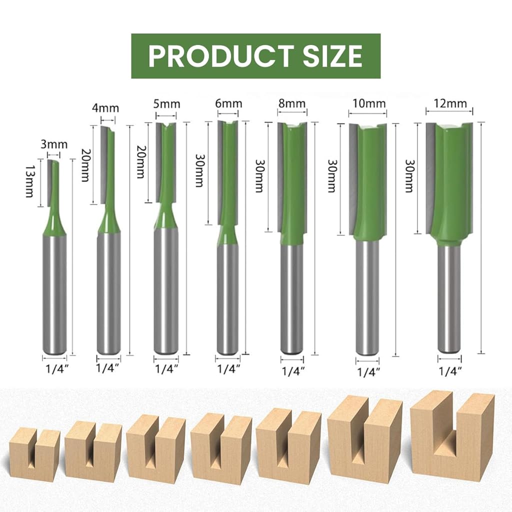 Serplex® 7PCS 1/4 Inch Shank Tungsten Carbide Double Single Flute Straight Dado Router Drill Bit Set Carpenter Tools Wood Work 3 4 5 6 8 10 12mm Cutting Diameter Trimming Cutter Woodworking