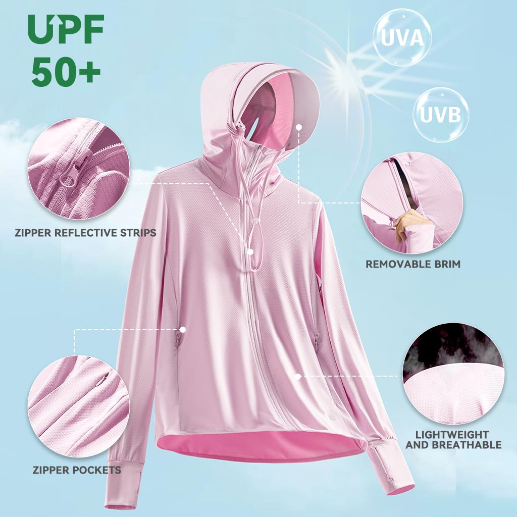 Venzina Women’s UPF 50+ Sun Protection Jacket for Hiking with Detachable Brim Hood | Lightweight Polyester Spandex Cooling Hoodie with Pockets