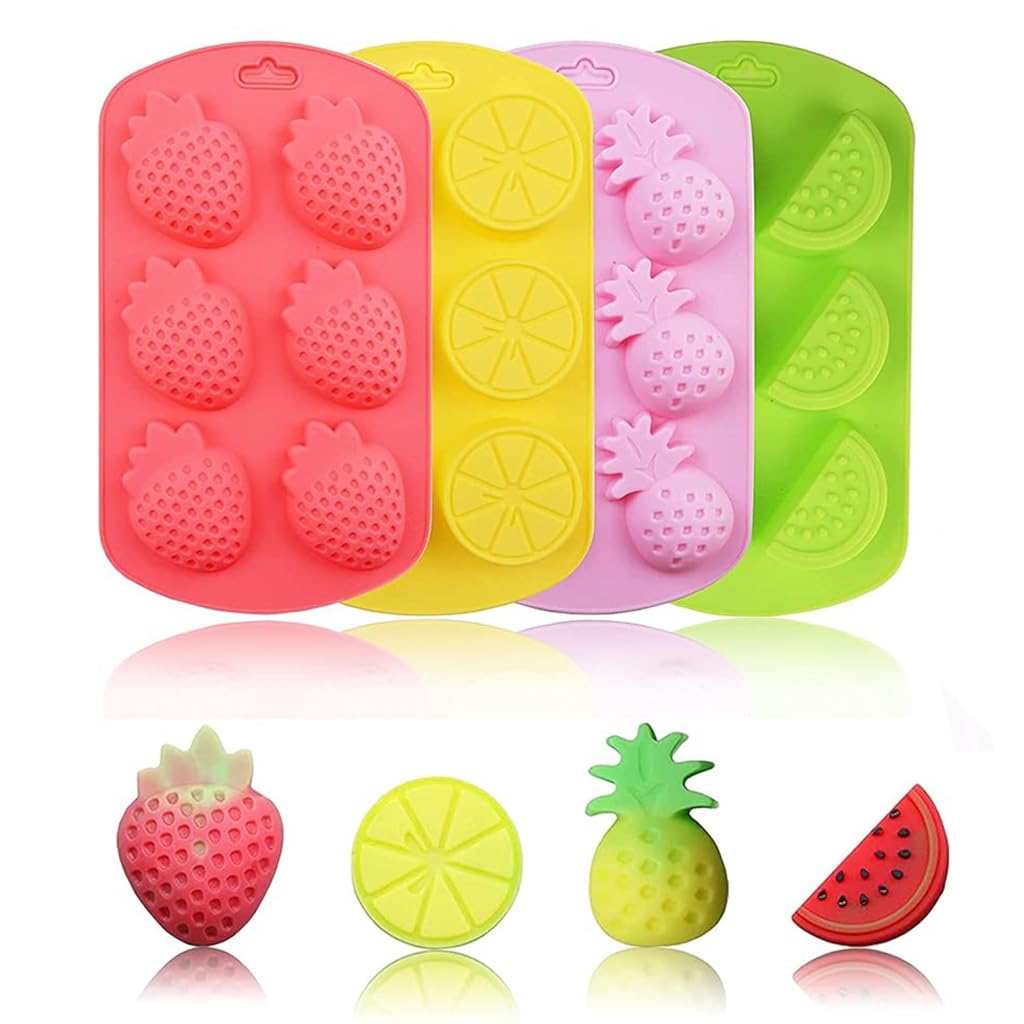 HASTHIP® Fruit Molds 4Pcs Food-Grade Silicone Molds with Dripper Fruit Shape Kitchen Molds Baking Tool 6-Grid Kitchen Molds for Chocolate, Candy, Mousse, Ice Cube & Jelly