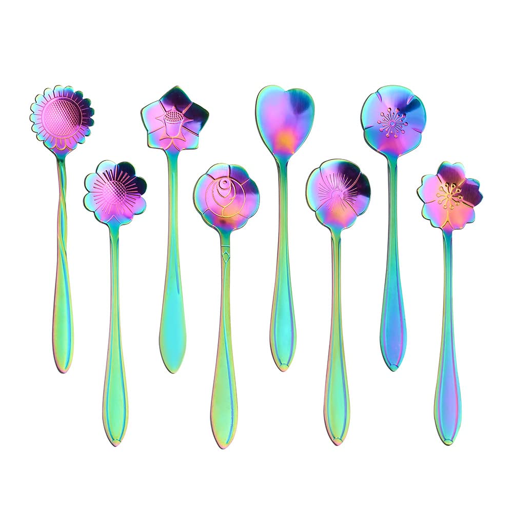 HASTHIP® 8Pcs Colorful Stainless Steel Coffee Spoon Set, Reusable Teaspoons Coffee Sugar Stirring Spoon, Dessert Cake Spoons Tea Scoops (Rainbow Flower)