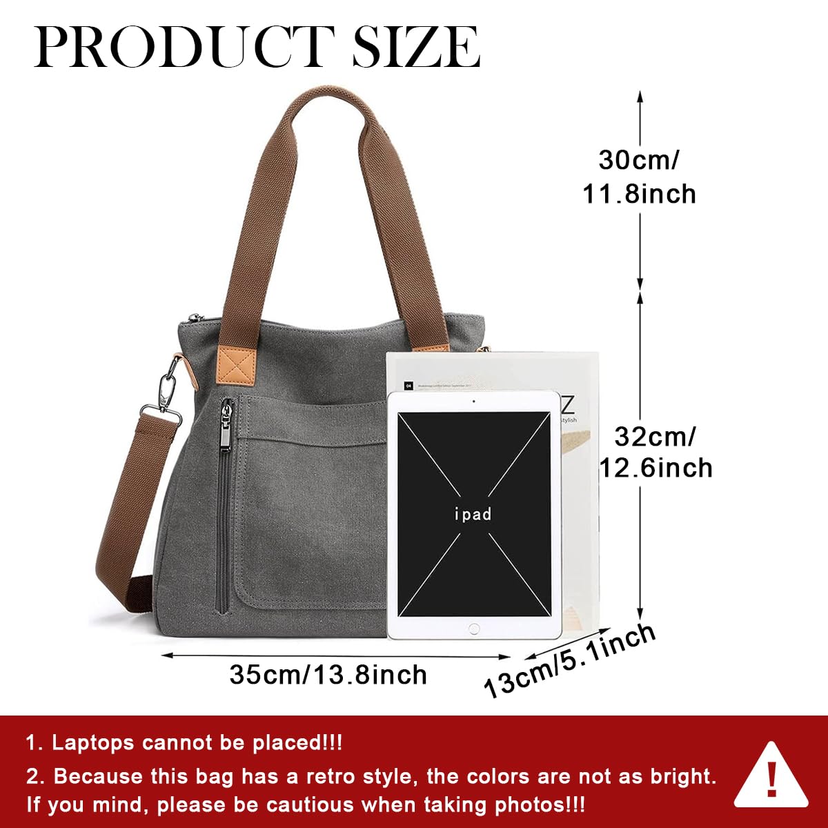 PALAY Handbag for Women featuring 35×12×32cm Large Capacity and Detachable Strap Grey Canvas | Ideal for School and Work