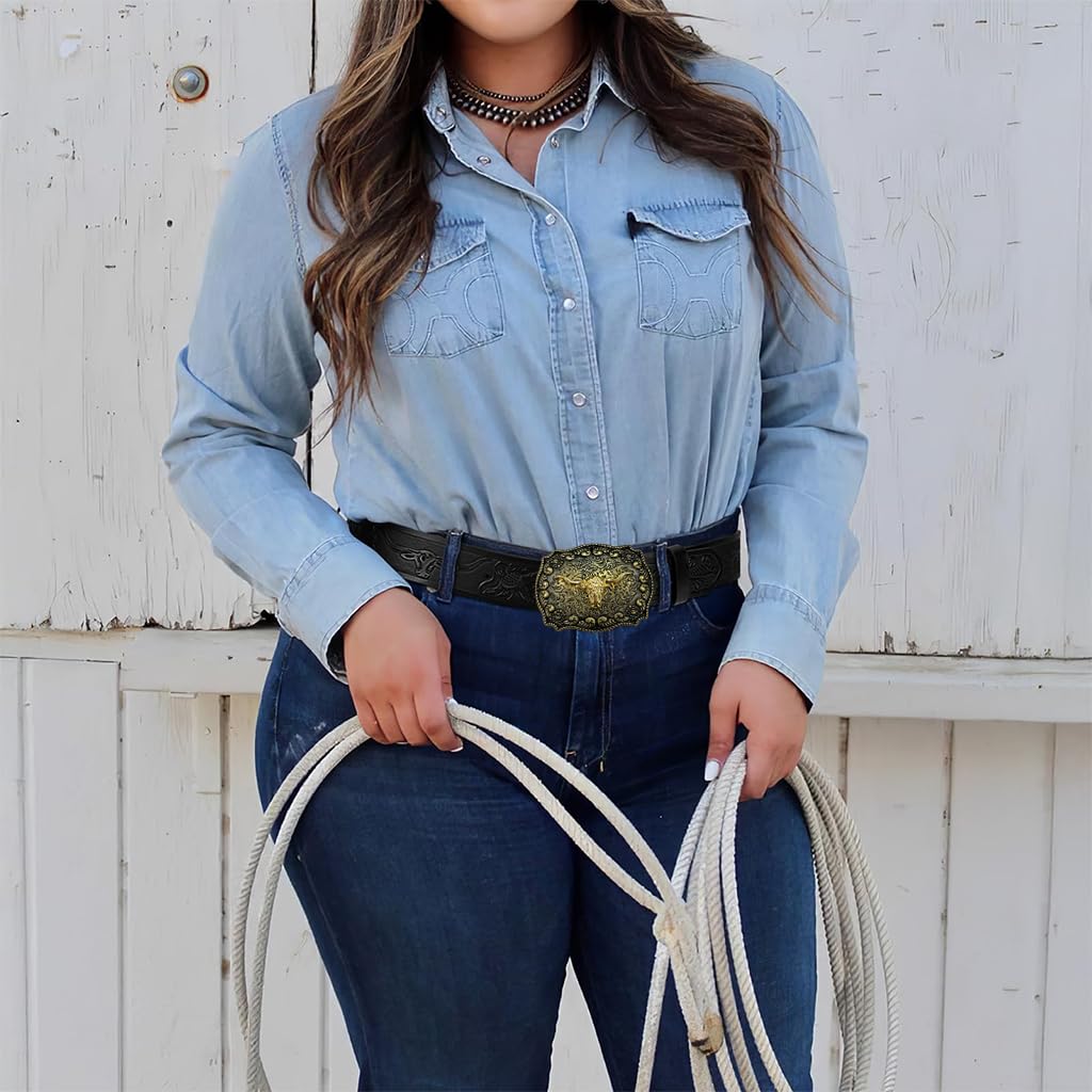 GUSTAVE Belts for Men with Embossed Bull Head Buckle and Pin Tuck Closure 120cm PU Leather