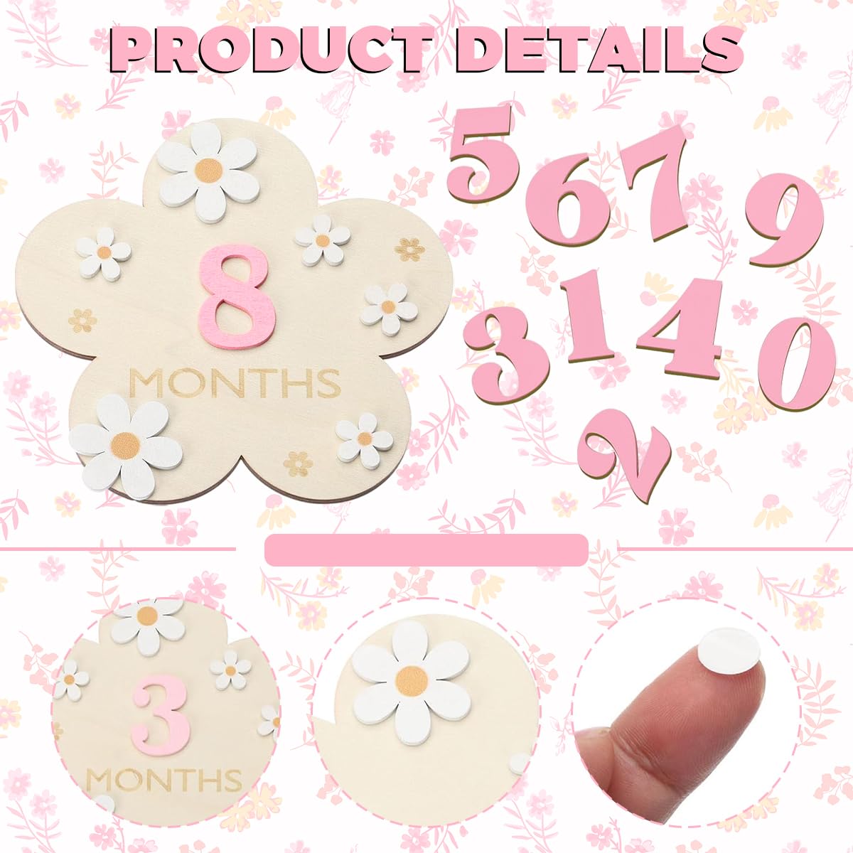 SNOWIE SOFT Floral Wooden Monthly Milestone Board for Newborn Photos with 0–9 Plates | Pink Photography Prop