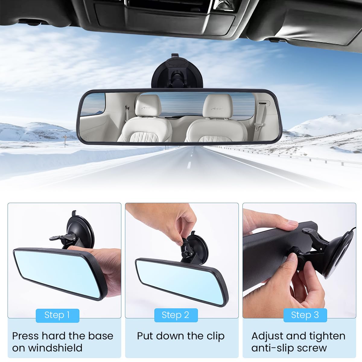 STHIRA Rear View Mirror for Car with 9.4 in Wide HD Glass and 7 cm Suction Cup Base | 270° Adjustable Anti Glare Interior Mirror