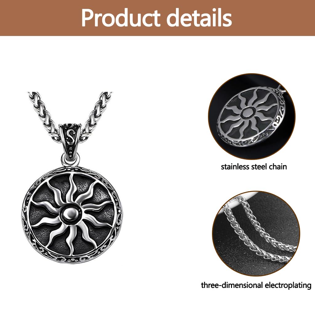 Zibuyu Sun Pendant Necklace with Polished Black Stainless Steel Chain for Men & Women | Vintage Protective Amulet Jewelry