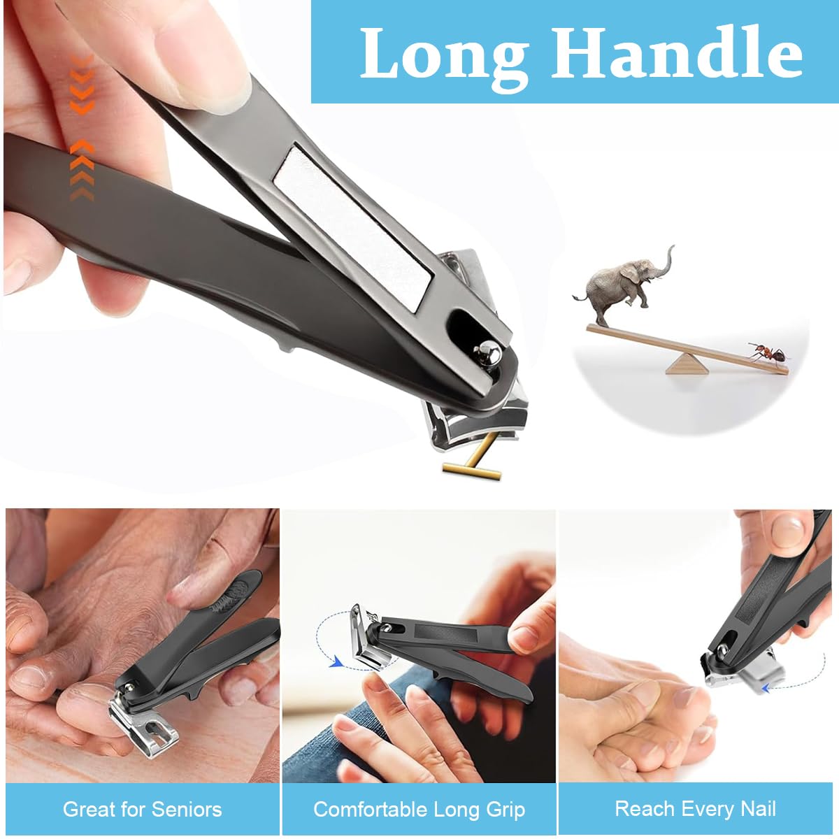 MAYCREATE Nail Clipper with 360° Rotatable Head and Long Handle Stainless Steel Cutter | Built in Nail File and PU Sleeve