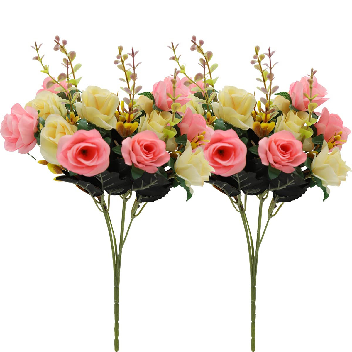 HASTHIP Artificial Rose Flowers for Home and Wedding Decor with 2 Bundles 24pcs Pink and White Silk Roses