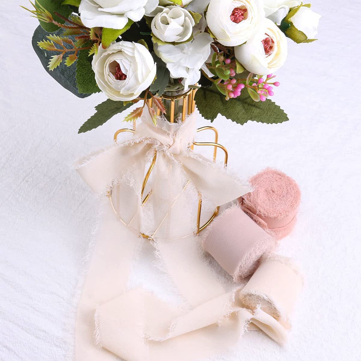HASTHIP Chiffon Ribbons Set for Gift Wrapping and Wedding Decor featuring 3 Rolls 1.5 in x 7 yd Beige