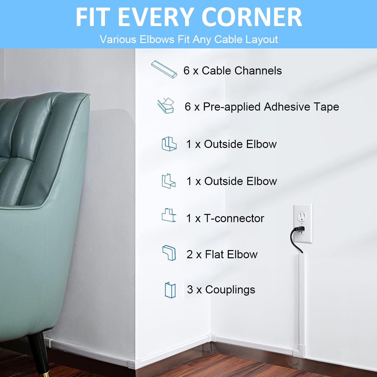 Serplex Cord Hider for Wall and TV Cables with 6 Connectable Covers 15.7 in Each | Neat Wire Management