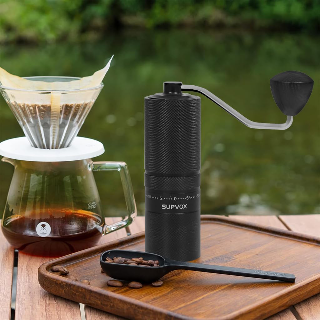 Supvox Hand Coffee Grinder for Travel with 25g Capacity CNC Steel Burr and Wooden Handle